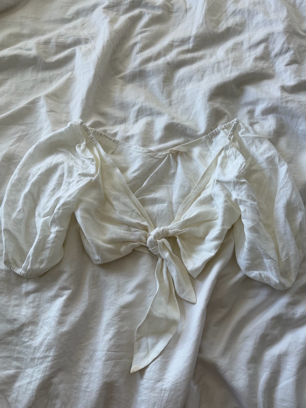 Posse Cream Tie-Front Puff Sleeve Crop Top